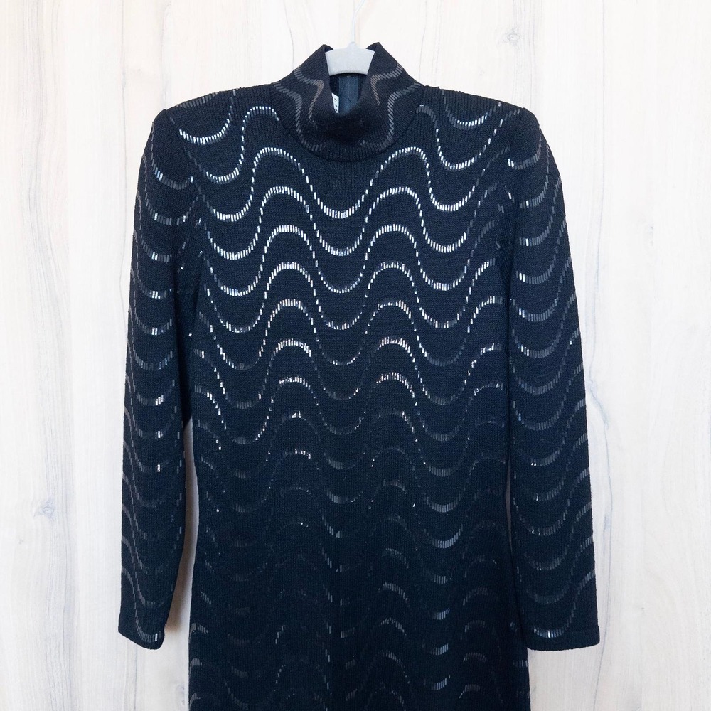 Vintage Lillie Rubin Sequin Sweater Dress Size 6 Black Mock Neck Retro Glam Chic - Picture 3 of 8